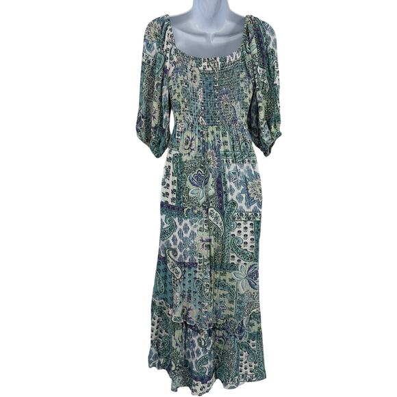 Angie Boho Milkmaid Dress Sz M Cottagecore Romantic Smocked Fairy Grungel Hi-Low - Picture 6 of 9